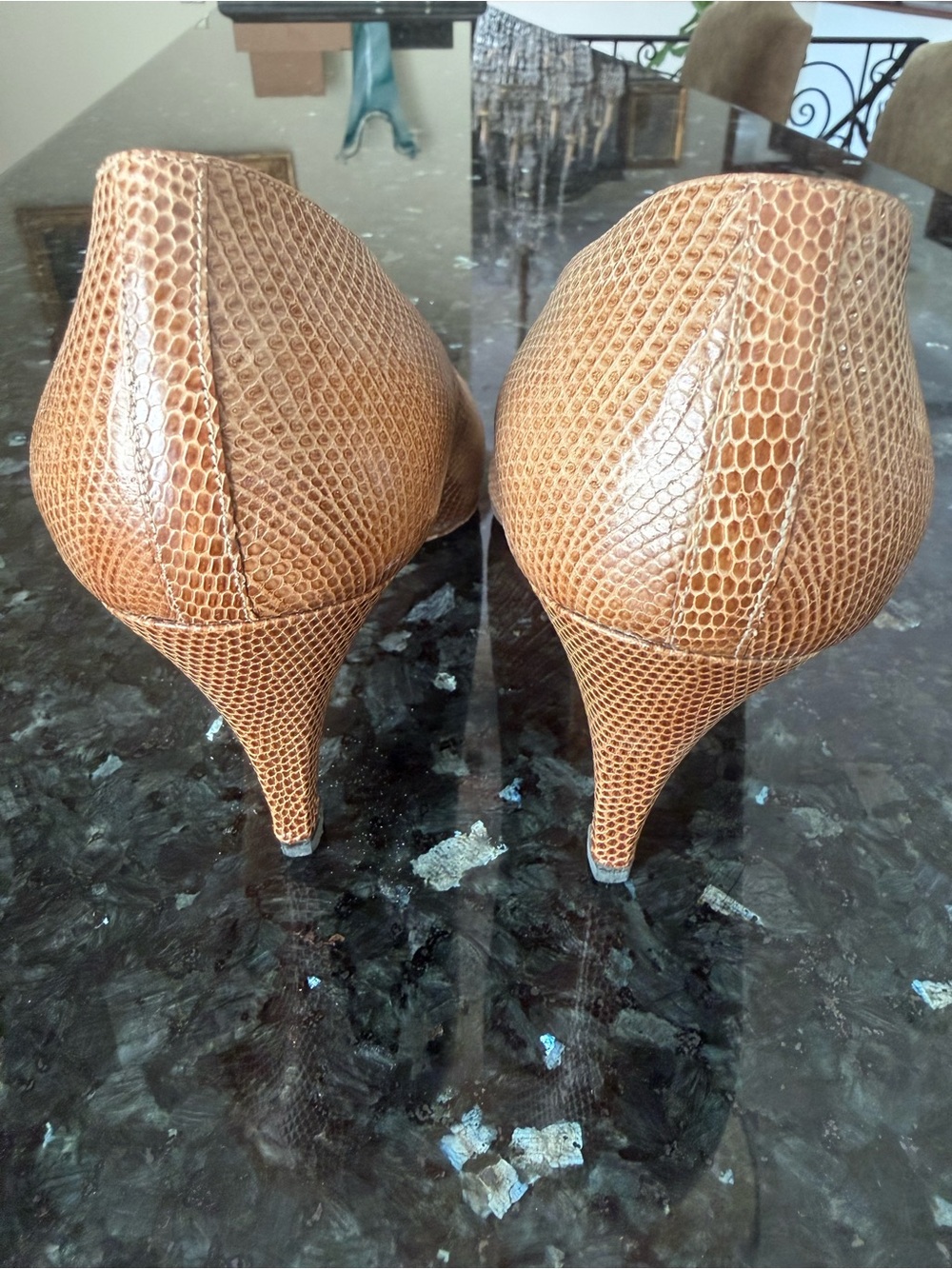 CHANEL Tan Leather Pointed Pumps with Textured Cap Toe - Picture 3 of 4